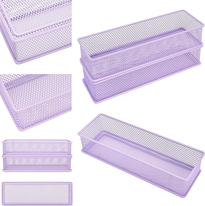 Annova Mesh Stackable Drawer Cabinet and Shelf Organizer Bins Storage Basket School Office Supply Holder Tray- Set of 2 (Light Purple, 3x9x2 Inch)-NeatNest