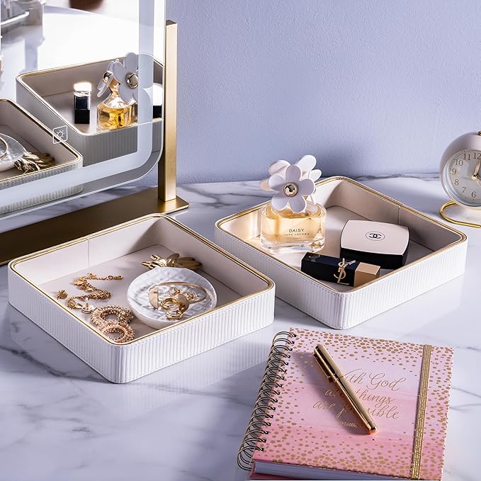 2 Pack White Catch All Trays for Jewelry| Small Leather Valet Tray| Key Bowl for Entryway Table EDC Trinket Tray Catch All| Perfume Trays for Dresser Organizer Perfume Holder (Set of 2)