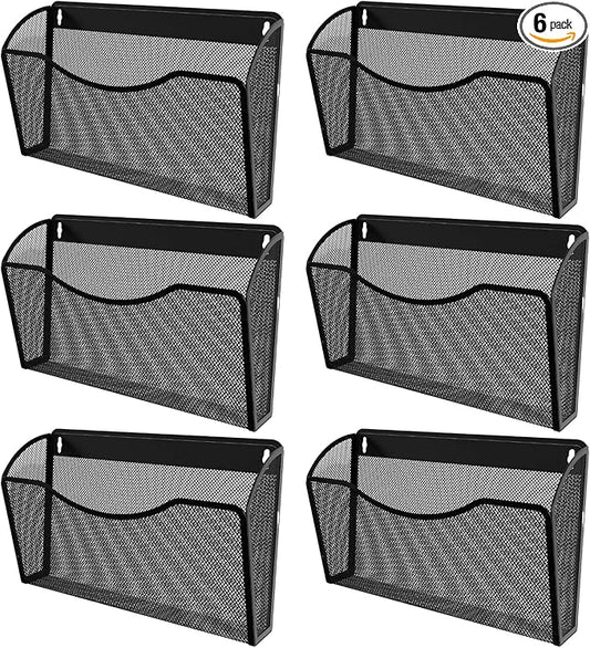 6 Single Pocket Mesh Wall File Organizer, Metal Vertical Wall Mounted Magazine Mail Paper Document Folder Holder for Office Home School, Black