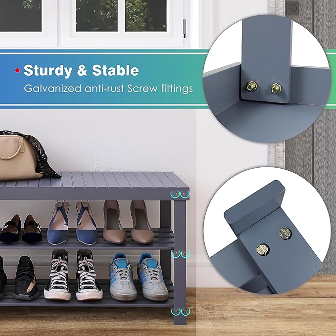 SMIBUY Bamboo Shoe Rack Bench, 3-Tier Shoe Organizer Storage Shelf for Entryway Hallway Bathroom Living Room (Grey)-NeatNest