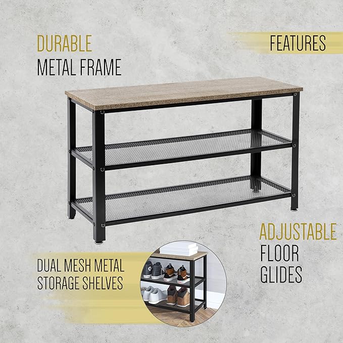 HBCY Creations Weathered Wood Solid Pine Wood 3-Tier Entryway Shoe Rack Bench with Metal Mesh Shelves, for Entryway, Mudroom, or Bedroom, and More!-NeatNest