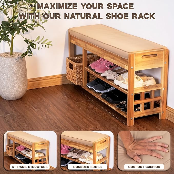 Wooden Shoe Rack with Bench Seat - Light Natural Acacia Wood Entryway Organizer with Cushioned Top & Easy-Move Handles - Multi-Level Shoe Shelf (39.4 x 11.6X 19.29)-NeatNest