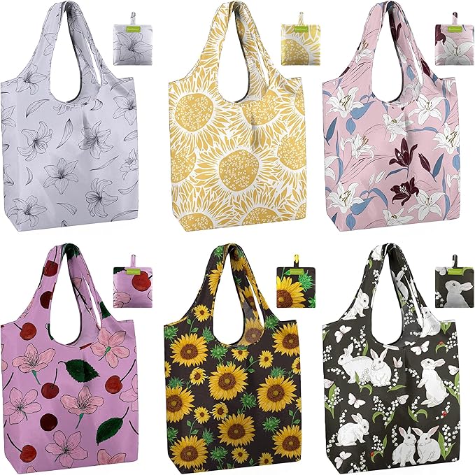 BeeGreen Reusable Grocery Bags 6 Pack, Heavy Duty Totes for Women, Foldable Grocery Bag Large Shopping Totes with Handles for Work, Travel, Gift, Store, Polyester Washable Reusable Tote Bag-NeatNest