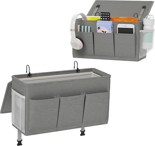 Dual-purpose Bedside Caddy Bedside Organizer, Bed Caddy with 6 Pockets, Versatile Bedside Storage Solution Magazine Remotes holder, ideal for Home, Dorm, Hospital, Crib Bed (Grey 2pcs)-NeatNest