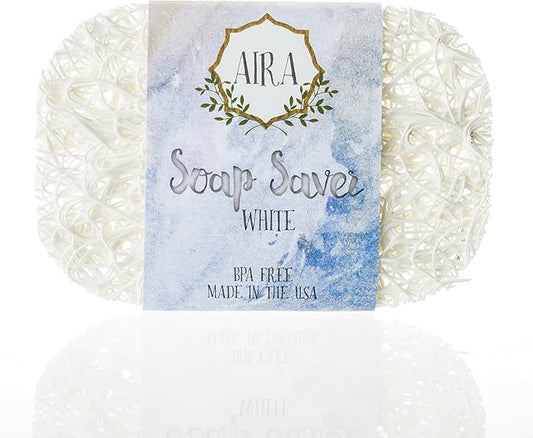 Aira Soap Saver - Soap Dish & Soap Holder Accessory - BPA Free Shower & Bath Cleanser Holder - USA Made - Drains Water, Circulates Air, Extends Life - Easy to Clean, Fits All Dish Sets - White-NeatNest