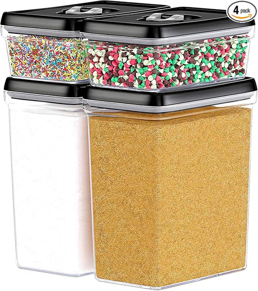 DWËLLZA KITCHEN Large Airtight Food Storage Containers - Clear Plastic Bulk Food Pantry & Kitchen Storage Containers for Flour, Sugar and Baking Supplies 4 Pcs. BPA-Free, Keeps Fresh & Dry (Black)-NeatNest