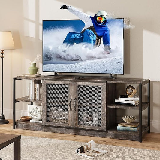 CABIHOME Farmhouse TV Stand for 65/75 inches TVs, Entertainment Center with Storage Cabinet and Mesh Doors, Industrial Media Console Cabinet Table, Living Room Media Furniture, Oak-NeatNest