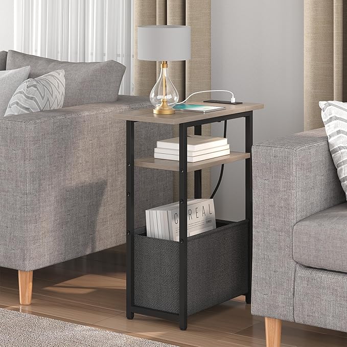 Narrow Side Table with Charging Station Set of 2, Small End Table for Small Spaces, Skinny Nightstands Set 2 with Storage Basket, 3 Tier Sofa Bedside Tables for Living Room,Bedroom, Grey