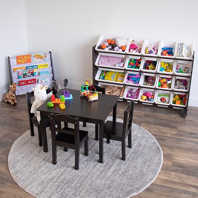 Humble Crew 4-Tier Kids Bookshelf, Espresso Wood/White - Premium Book Shelf for Kids Rooms with Four Deep Pockets - Toddler Sling Book Rack with Deep Sleeves, Nursery Bookcase Organizer