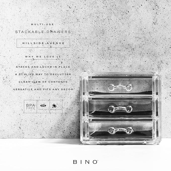 BINO THE MANHATTAN SERIES Acrylic Makeup Drawer Organizer- 3 Drawer Small | Clear Beauty Organizers and Storage| Cosmetic & Makeup Drawer| Home Organization| Jewelry & Vanity Accessories Drawer-NeatNest