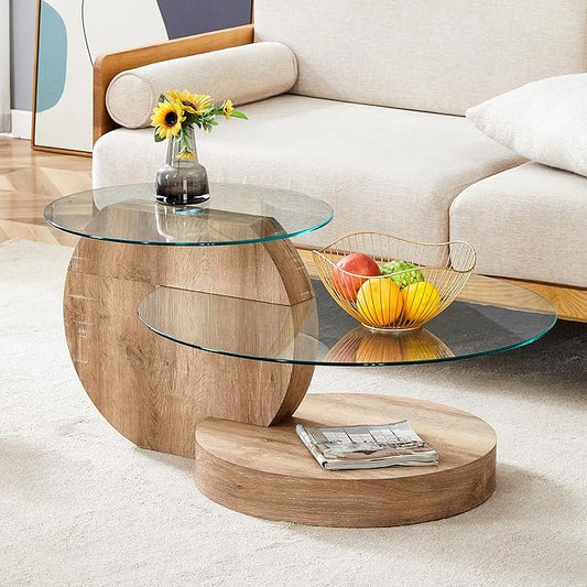 Glass Coffee Tables Round Coffee Tables for Living Room Modern 3 Tier Round Table Circle Coffee Table for Small Space Home Office (35.4 Inch Light Wood)