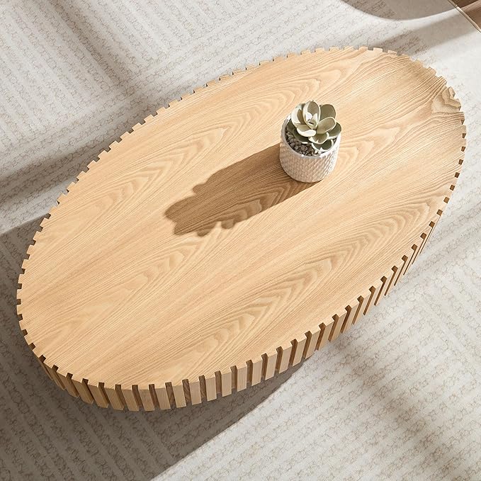 Kevinplus Oak Oval Modern Coffee Table for Living Room, Contemporary Circle Fluted Drum, Easy Assembly, Wood (43.7'' x 24.8'' x 13.38'')