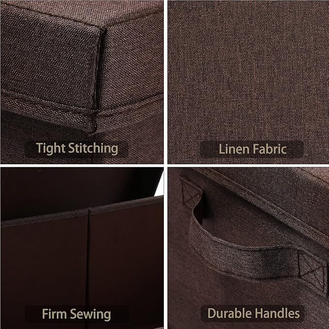 HOONEX Linen Foldable Storage Bins with Lids, 2 Pack, Storage Boxes with Carrying Handles and Sturdy Heavy Cardboard, 16.5" L x 11.8" W x 7.5" H for Shoes, Clothes, Brown-NeatNest