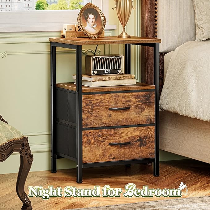 Huuger Night Stand Set of 2, Nightstand with 2 Drawers, Bed Side Table with Open Shelf, Wooden Top, End Table, Fabric Drawer, for Bedroom, Rustic Brown