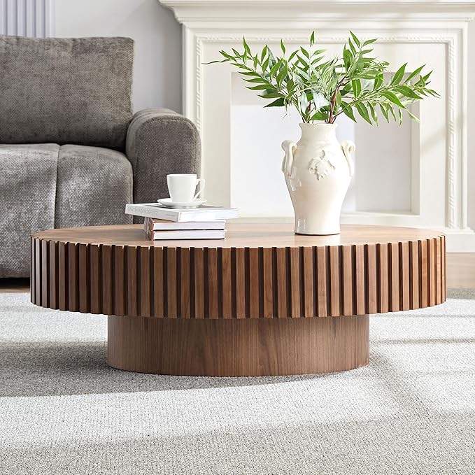 Coffee Table, 43.7 Inch Modern Handcraft Solid Wood Drum Oval Coffee Table for Living Room, Small Space, Office, Easy Assembly (Walnut)-NeatNest