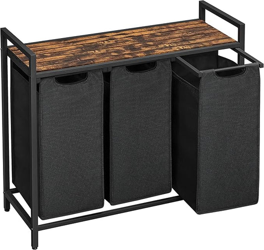 VASAGLE Laundry Hamper, Laundry Basket, Laundry Sorter with 3 Pull-Out and Removable Bags, Shelf, Metal Frame, 3 x 10.6 Gallons (40 L), 36.4 x 13 x 28.4 Inches, Ink Black and Rustic Brown UBLH301B01V1-NeatNest