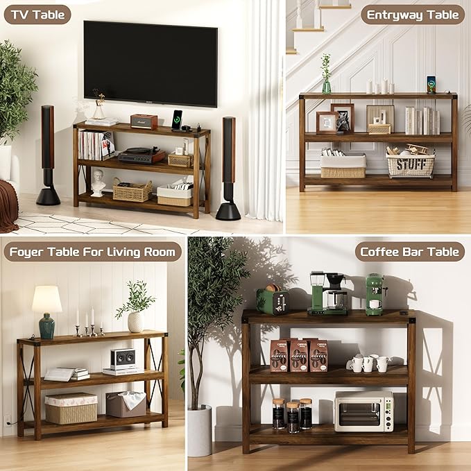47.2" Entryway Table with Outlets and USB Ports, Console Table with 3-Tier Open Storage Shelves, Wooden Sofa Table with Metal X-Shaped Design for Living Room/Couch/Hallway/Foyer, Rustic Oak-NeatNest