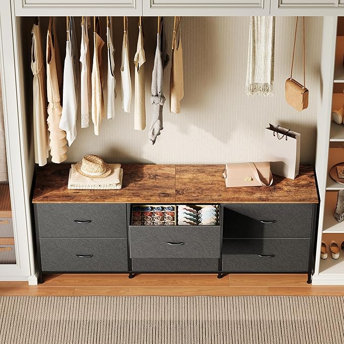 Huuger 63 Inch Long Dresser for Bedroom, Wide TV Stand for 55, 65, 70 Inch TV, 6 Drawer Dresser for Closet with Fabric Drawers, Storage Organizer for Bedroom, Entryway, Rustic Brown and Black-NeatNest