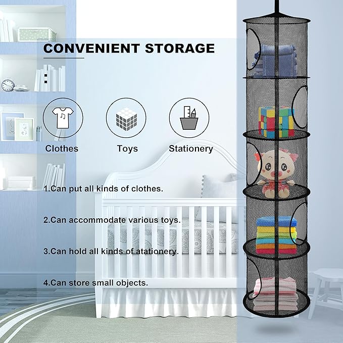 2Pcs Stuffed Animal Storage Foldable Stuffed Animal Net or Hammock Organizer, 5 Compartments Hanging Mesh Toy Storage Hammock for Kid Room Toys, Gloves, Hats, Socks, Black-NeatNest