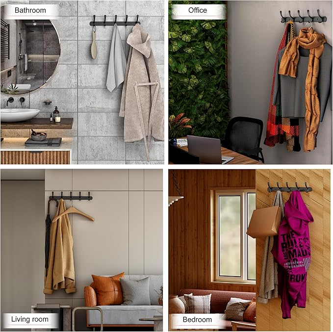 Black Coat Rack Wall Mounted - 16 Inch Heavy Duty Stainless Steel Matte Finish Wall Hook Rack - 5 Double Coat Hooks for Hanging Towels, Bags, Hat - Bathroom Entryway - 2 Pack-NeatNest