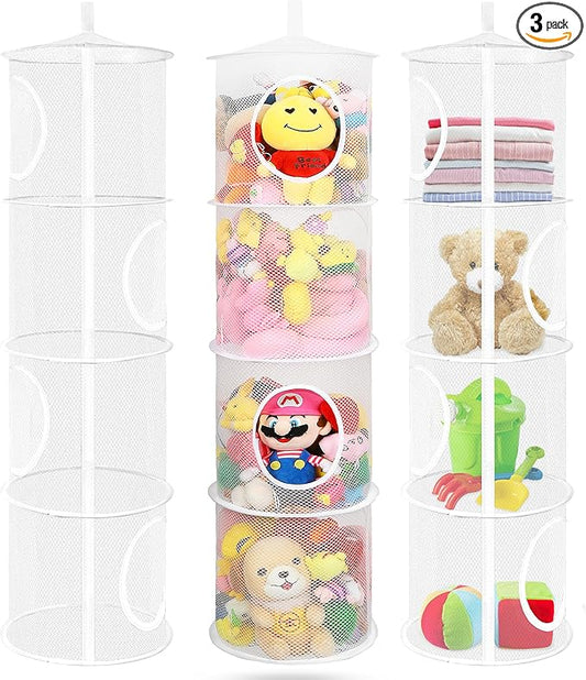 3Pcs Stuffed Animal Storage Foldable Stuffed Animal Net or Hammock Organizer, 4 Compartments Hanging Toy Storage Organizer, Toy Organizer for Kid Room Toys, Gloves, Hats, Socks(White)-NeatNest