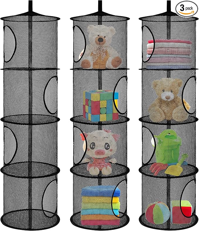 3Pcs Hanging Mesh Space Saver Bags Organizer, Foldable Storage Organizer 4 Compartments Toy Storage Organizer for Kid Room Toys, Gloves,Hats,Socks Storage (Black)-NeatNest