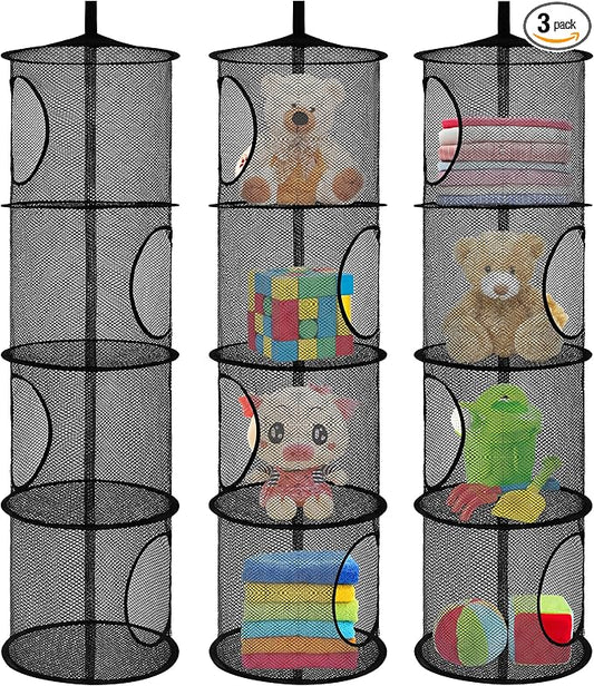 3Pcs Hanging Mesh Space Saver Bags Organizer, Foldable Storage Organizer 4 Compartments Toy Storage Organizer for Kid Room Toys, Gloves,Hats,Socks Storage (Black)-NeatNest