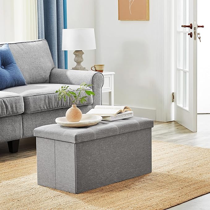 SONGMICS MAZIE Collection - 30 Inches Ottoman Storage Bench, 21 Gal. Folding Chest with Breathable Linen-Look Fabric, Load up to 660 lb, for Entryway, Living Room, Bedroom, Light Gray ULSF001G02-NeatNest