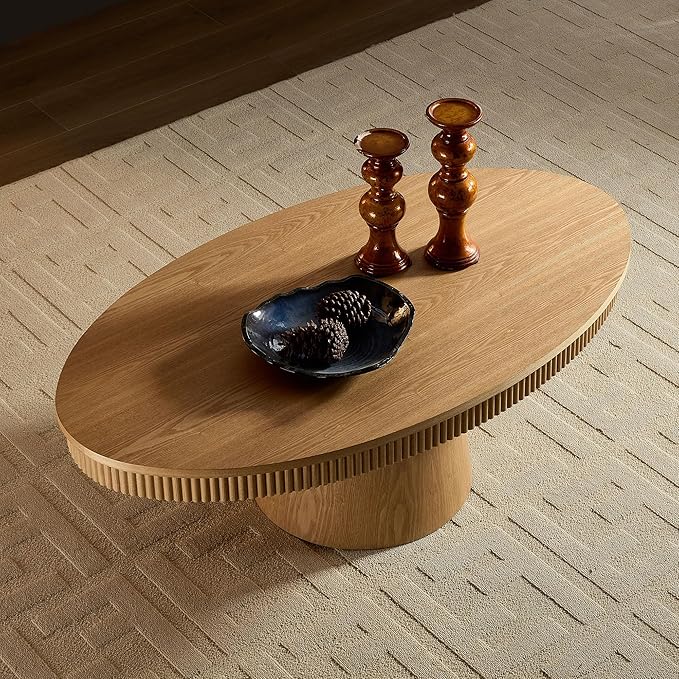 Coffee Table Modern Oval Wood Coffee Tables Mid Century Center Fluted Farmhouse Drum Tea Boho Wooden for Living Room Apartment Home Office Oka 47.24" W x 26.77" D x 15.86" H-NeatNest