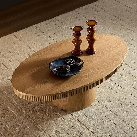 Coffee Table Modern Oval Wood Coffee Tables Mid Century Center Fluted Farmhouse Drum Tea Boho Wooden for Living Room Apartment Home Office Oka 47.24" W x 26.77" D x 15.86" H-NeatNest