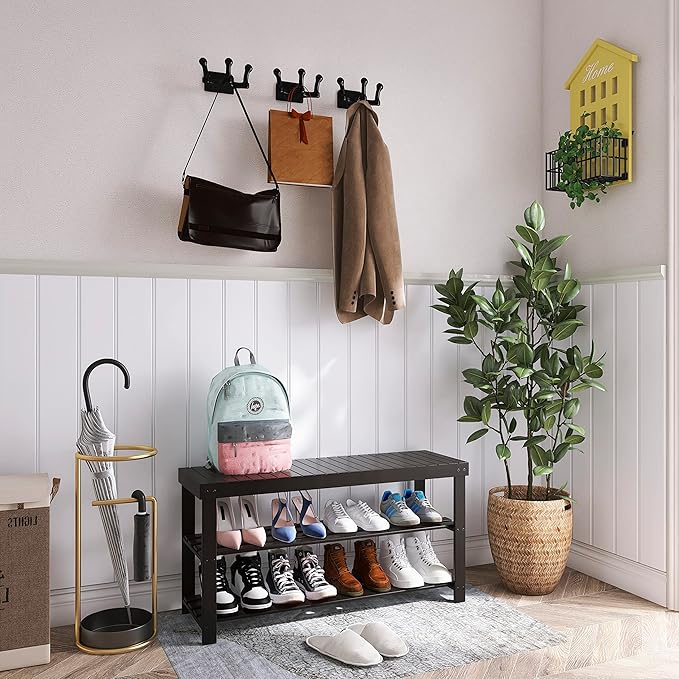 SMIBUY Bamboo Shoe Rack Bench, 3-Tier Shoe Organizer Storage Shelf for Entryway Hallway Bathroom Living Room (Black)-NeatNest