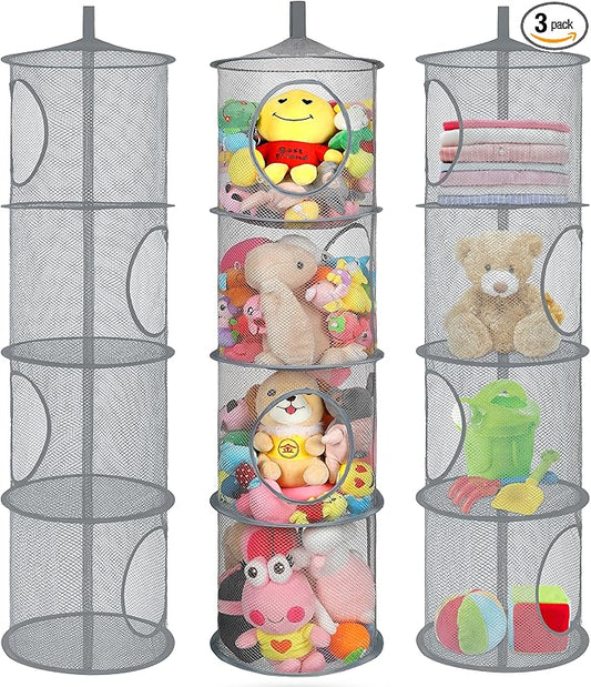 3Pcs Hanging Mesh Space Saver Bags Organizer, Foldable Storage Organizer 4 Compartments Toy Storage Organizer for Kid Room Toys, Gloves,Hats,Socks Storage (Grey)-NeatNest