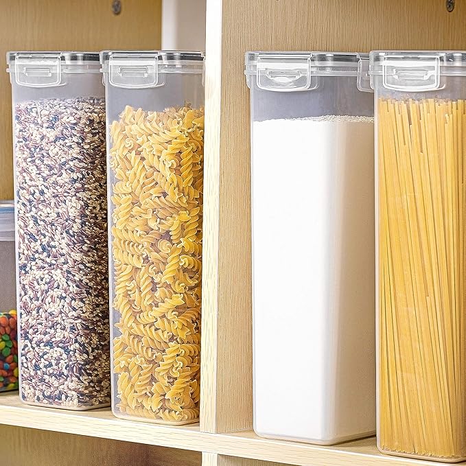Vtopmart Airtight Food Storage Containers with Lids, 4 PCS 2.8L Pasta Containers for Pantry Organization and Storage, BPA Free Kitchen Canisters for Spaghetti, Flour, Sugar and Noodles, Black