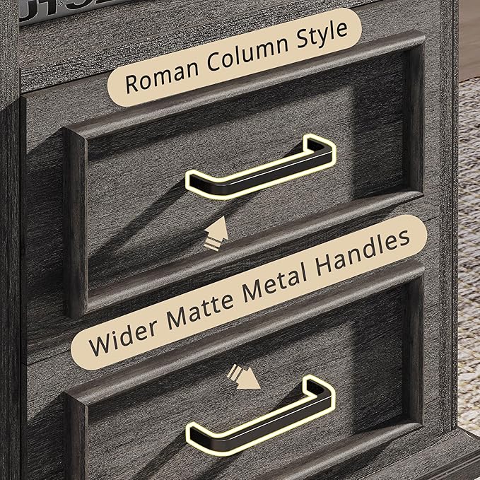 LIKIMIO Farmhouse Nightstand with Storage Drawers and Open Shelf, Small End Tables Living Room, Rustic Wood Side Tables for Bedroom, Roman Column Design, Charcoal Grey