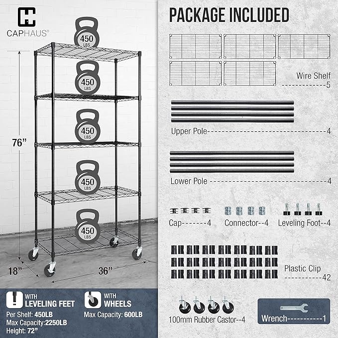 CAPHAUS NSF Commercial Grade Wire Shelving w/Wheels, Leveling Feet & Liners, Storage Metal Shelf, 36 x 18 x 76 5-Tier No Liner (RWW-CH36185HDW-BK@CH-CM)-NeatNest