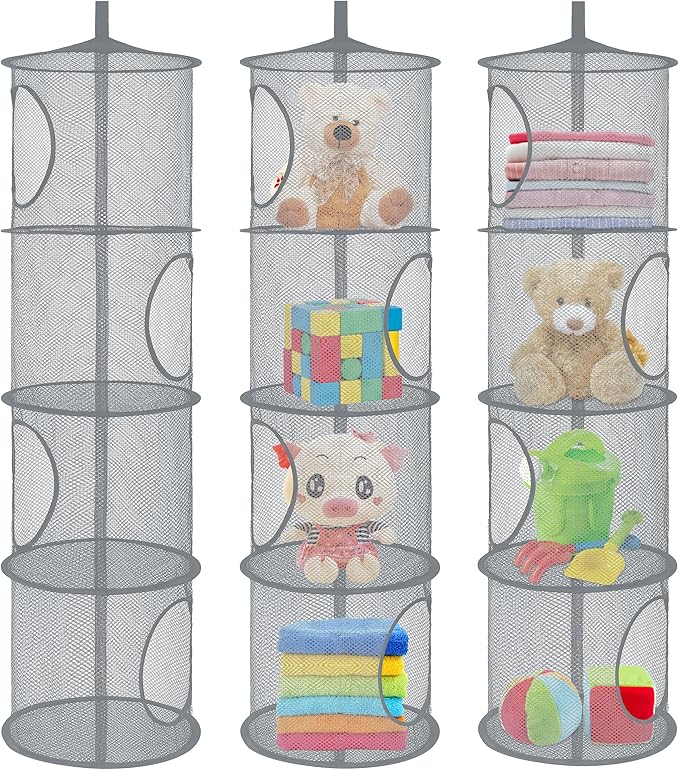 3Pcs Hanging Mesh Space Saver Bags Organizer, Foldable Storage Organizer 4 Compartments Toy Storage Organizer for Kid Room Toys, Gloves,Hats,Socks Storage (Grey)-NeatNest