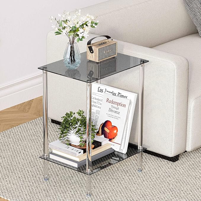 Tempered Glass Side Tables Set of 2 Acrylic End Table with 2 Storage Shelve transparent Bedside simplicity clear 2-Tier Nightstands for small Spaces Office Bedroom Living Room Study black ET-008BK