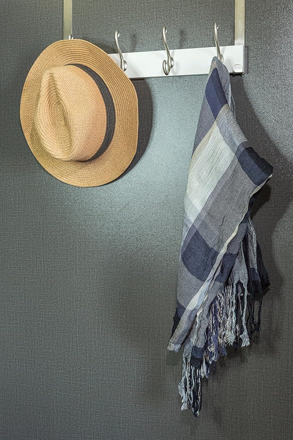 creathome Dual-Purpose Wooden Hanger with 4 Ring Hooks White Color, Behind/Over The Door Towel Rack for Bathroom, Heavy Duty Wall Mounted Coat Rack, No Drilling