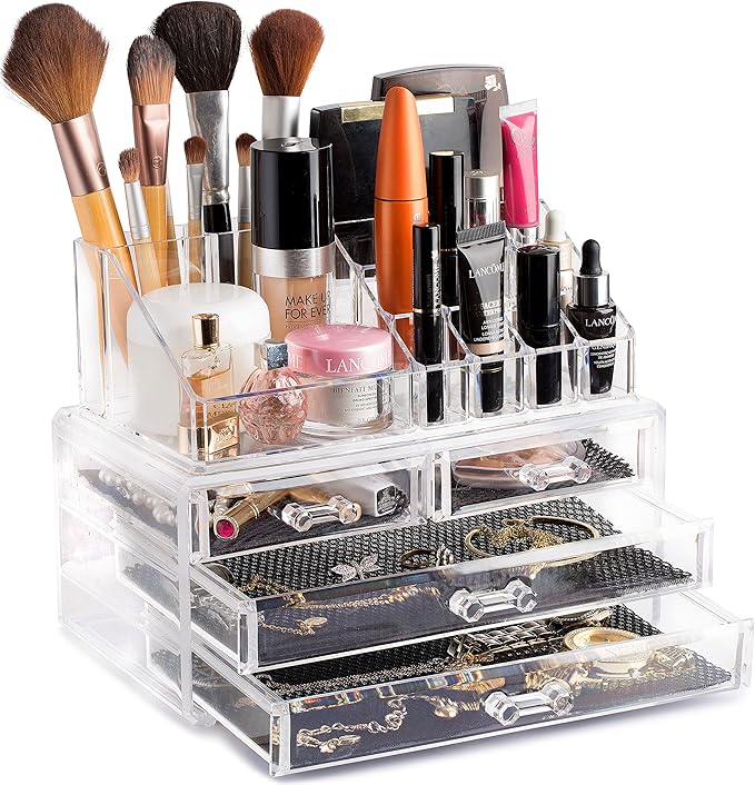 Masirs Clear Makeup Organizer – 16-Compartment Cosmetic and Jewelry Holder, 4-Drawer Vanity Storage, Elegant Clear Design for Makeup and Accessories-NeatNest
