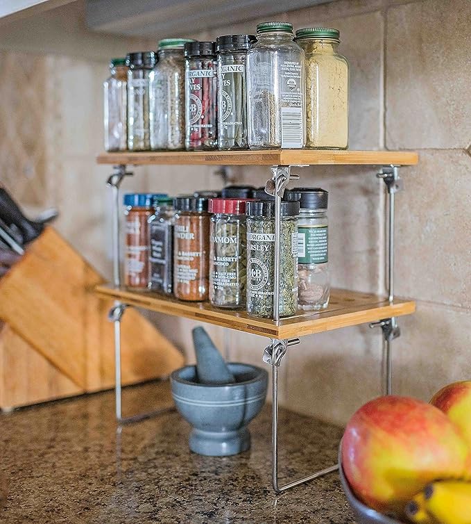 Internet's Best - Stacking Utility Shelf - Bamboo - 2 Shelves - Kitchen Cabinet Closet Organizer and Storage - Small-NeatNest