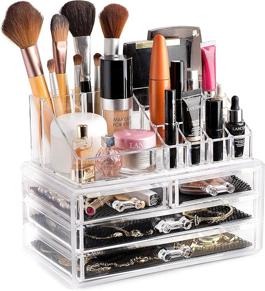 Masirs Clear Makeup Organizer – 16-Compartment Cosmetic and Jewelry Holder, 4-Drawer Vanity Storage, Elegant Clear Design for Makeup and Accessories-NeatNest