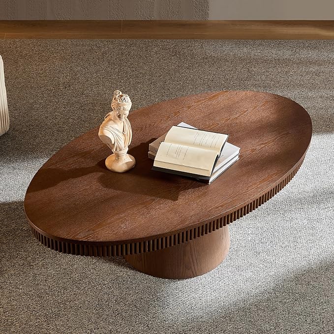 Coffee Table Modern Oval Wood Coffee Tables Mid Century Center Fluted Farmhouse Drum Tea Boho Wooden for Living Room Apartment Home Office Walnut 47.24" W x 26.77" D x 15.86" H-NeatNest