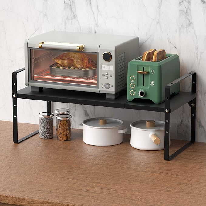 Expandable Kitchen Cabinet Shelf Organizers, Stackable Metal Pantry Storage Shelves Rack, Adjustable Counter Spice Shelf for Cabinets, Countertop, Cupboard Organizers and Storage, Black-NeatNest