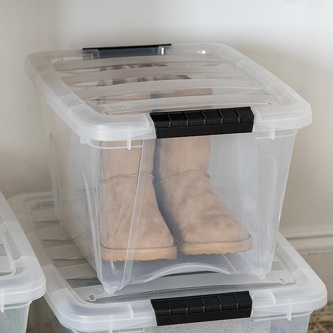 IRIS USA 19 Qt Stackable Plastic Storage Bins with Lids, 6 Pack - BPA-Free, Made in USA - See-Through Organizing Solution, Latches, Durable Nestable Containers, Secure Pull Handle - Clear