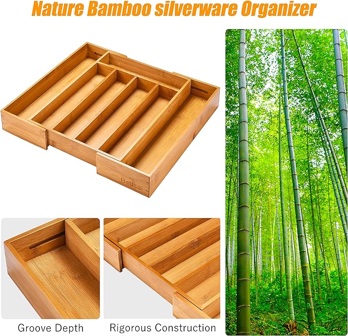 Bellsal Silverware Organizer Kitchen Drawer Organizer Expandable Bamboo Utensil Holder Cutlery Tray for Kitchen Utensil and Flatware Bedroom Office-NeatNest