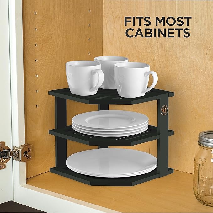 Cabinet Organizer Shelf - Bamboo Corner Rack for Kitchen Counter, Cabinet Space Saver for Plates, Dishes, Bowls, Bread Pantry, Bathroom Storage or Countertop Stand, Black-NeatNest