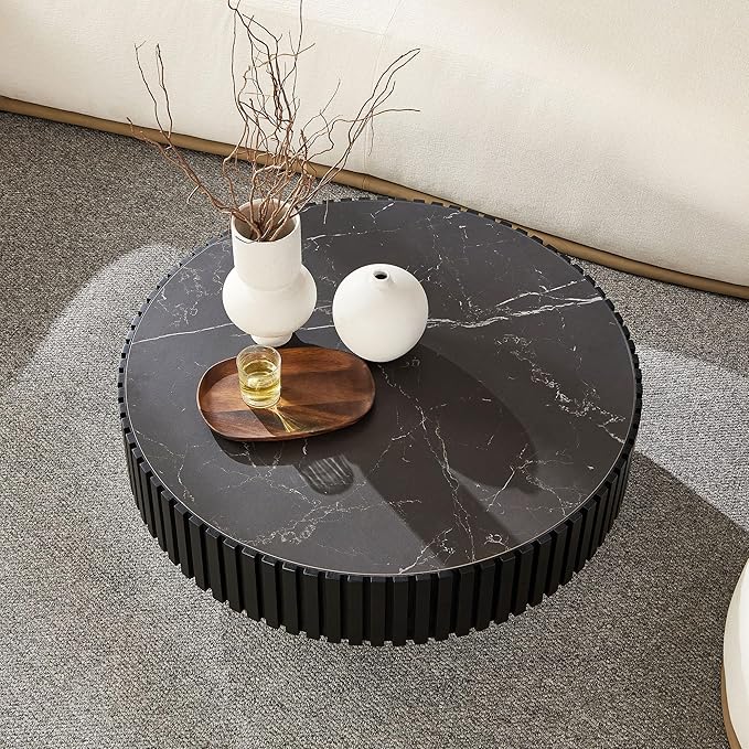 35.43'' Round Coffee Table Wood Circle Coffee Table with Marble Top Pedestal Center Table Fluted Accent Tea Table for Living Room Apartment Office Black