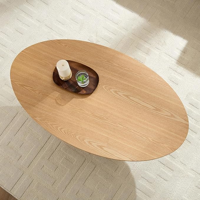 Coffee Table Modern Oval Wood Coffee Tables Mid Century Center Fluted Farmhouse Drum Tea Boho Wooden for Living Room Apartment Home Office Oka 47.24" W x 26.77" D x 15.86" H-NeatNest