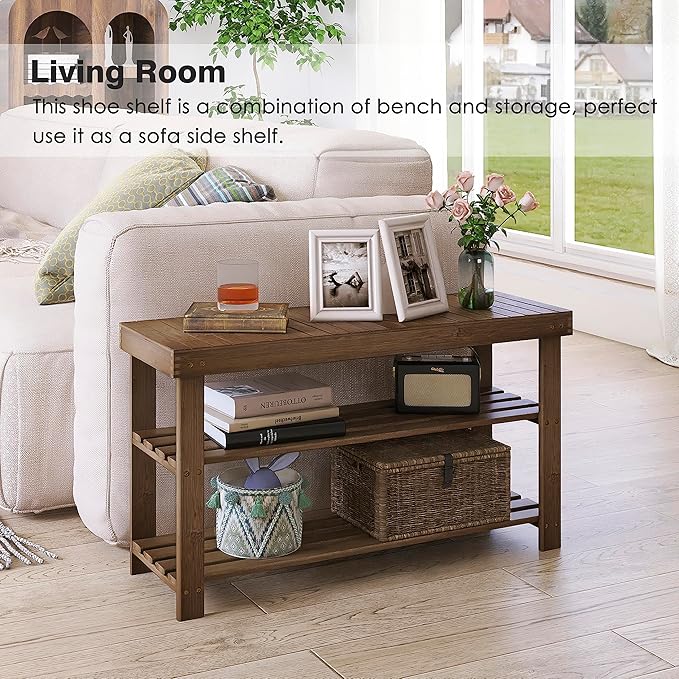SMIBUY Bamboo Shoe Rack Bench, 3-Tier Shoe Organizer Storage Shelf for Entryway Hallway Bathroom Living Room (Walnut)-NeatNest