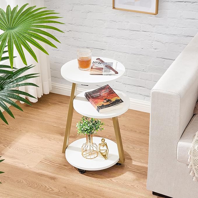 BEWISHOME Round End Table Side Table with Metal Frame, Accent Bedside Table Nightstand with 3-Tier Shelves, Small Couch Table for Living Room Bedroom White Gold KTZ41M-NeatNest